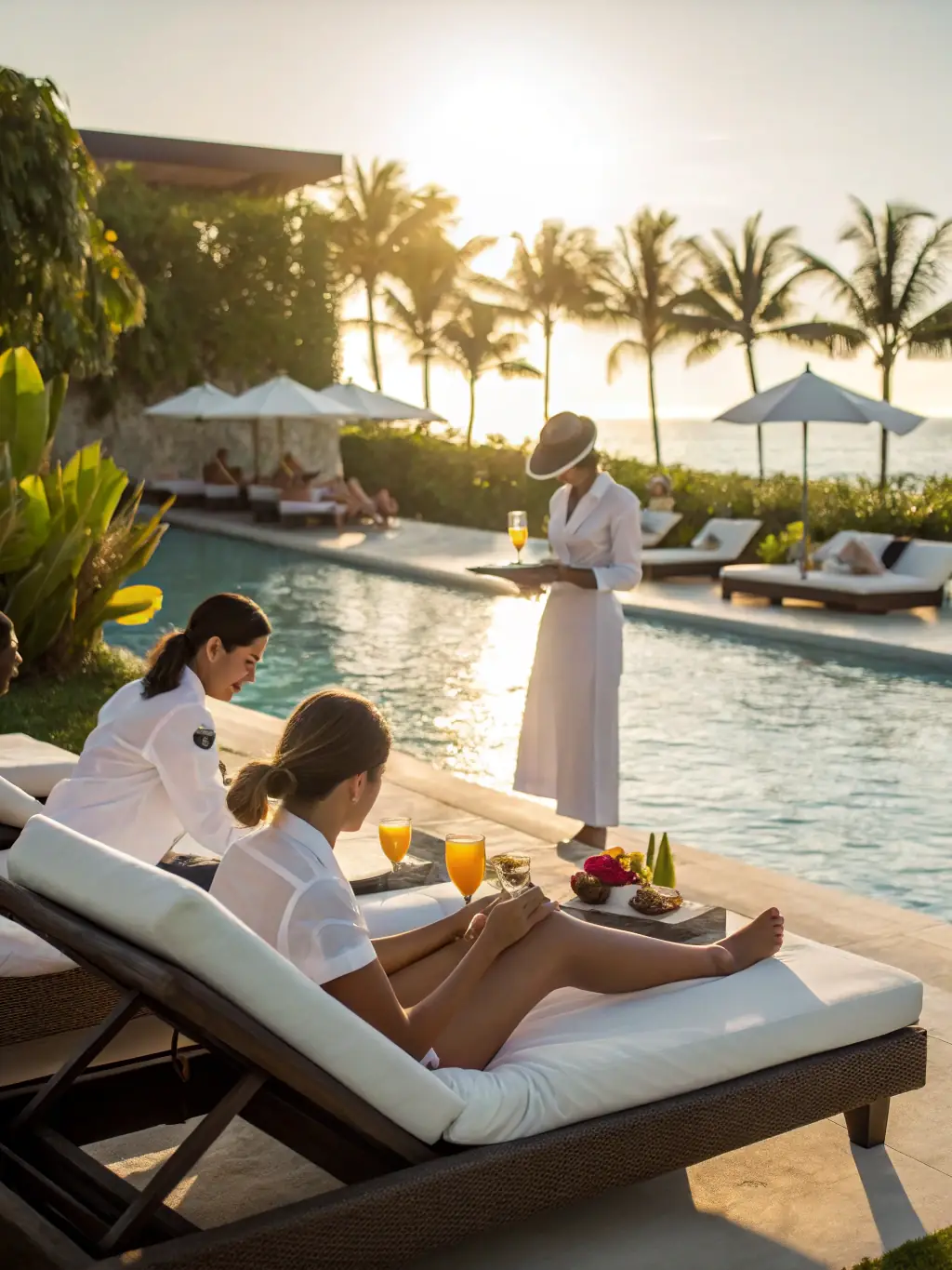 A luxury hotel resort with tourists enjoying various amenities, illustrating an EB-5 investment in the hospitality sector.